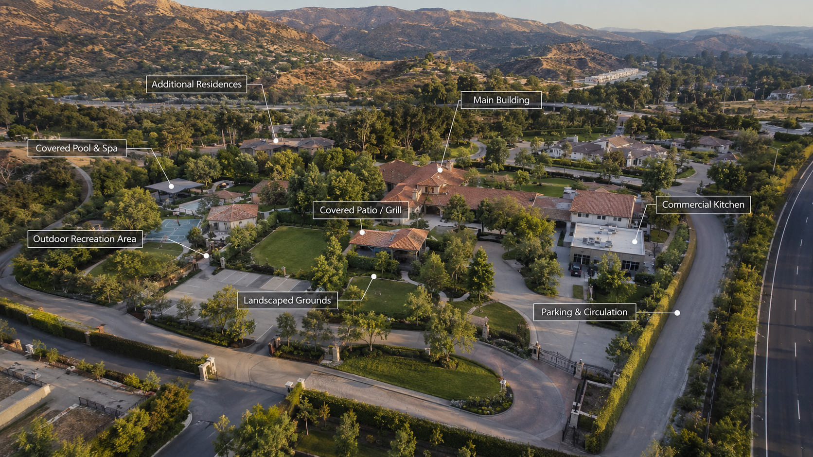 Aerial overview of the property with rocky hills and labeled site features